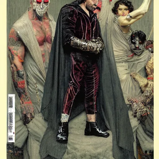 Prompt: full length portrait of dave bautista as vampire wearing a cape, by lawrence alma tadema and rick berry and norman rockwell and jason fabok and everett raymond kinstler h 7 6 8