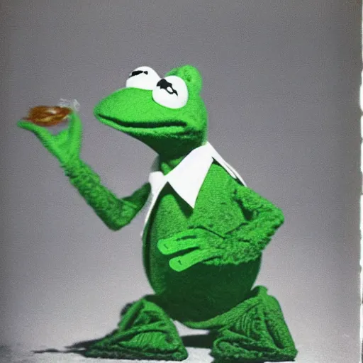 Image similar to Walter White fighting Kermit the Frog, polaroid photo with flash, eerie