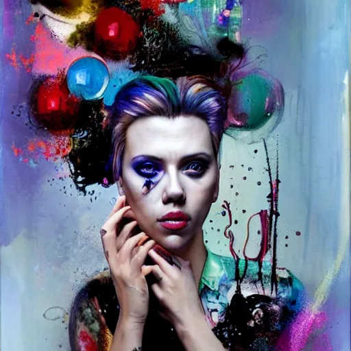 Image similar to scarlett johansson as delirium from sandman, ( hallucinating colorful soap bubbles ), by jeremy mann, by sandra chevrier, by dave mckean and richard avedon and maciej kuciara, punk rock, tank girl, high detailed, 8 k