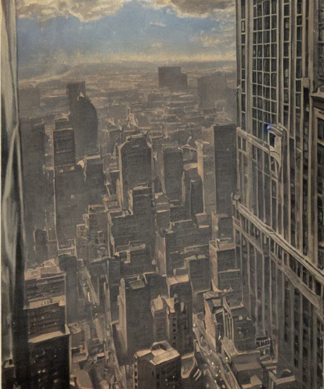 Prompt: horrifying full color photorealistic painting of the view from a 1 9 2 5 a warped view of downtown boston in 1 9 2 5 at night with a cosmic sky viewed from a hotel balcony, dark, atmospheric, brooding, smooth, finely detailed, cinematic, epic, in the style of paul carrick