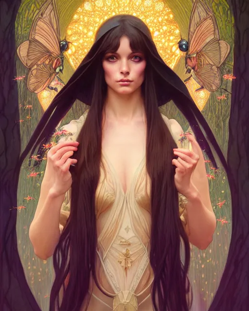 Image similar to symmetry portrait of brunette princess, glam, fae, fireflies, forest background, intricate, elegant, highly detailed, digital painting, artstation, concept art, smooth, sharp focus, illustration, art by artgerm and greg rutkowski and fra angelico and alphons mucha