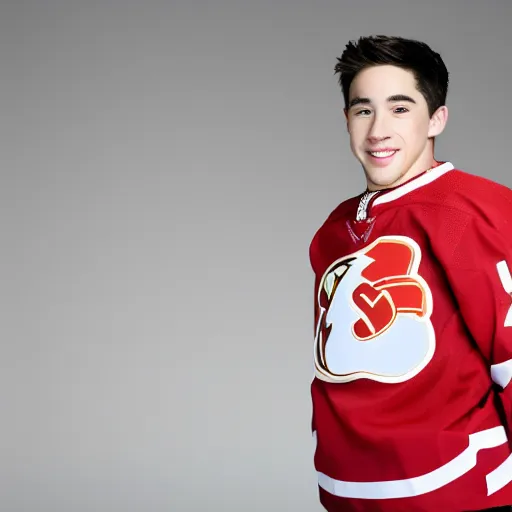 Image similar to An 8k photo portrait of Johnny Gaudreau, portrait, award winning photo, solid backgroun