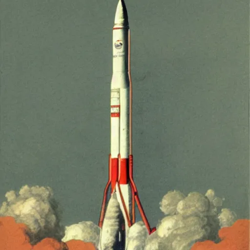 Prompt: color lithograph of a saturn 5 rocket by adolphe millot