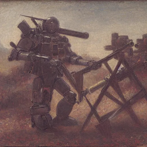 Image similar to Still life of a combat mech surrounded by its weapons, in the style of Henri Fantin-Latour