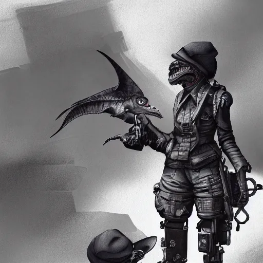 Image similar to a detailed matte painting of a aetherpunk cyborg velociraptor wearing a beret, in nazi occupied france, french resistance, 8 k, artstation, art in a noir crime novel style