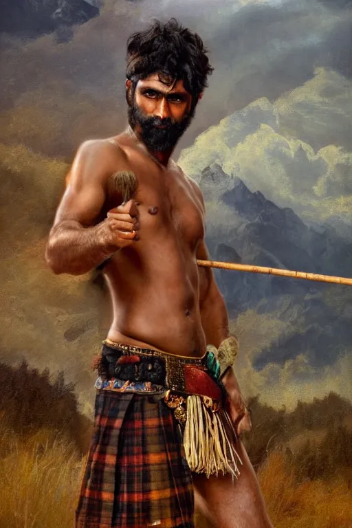 Prompt: a dramatic epic beautiful ethereal painting of a shirtless rugged desi cowboy | he has a very hairy chest and dark skin | he is wearing a plaid kilt and cowboy hat, and holding a long wooden staff | background is mountain peaks and clouds | dramatic lighting, golden hour, homoerotic, realistic, art nouveau | by mark maggiori | trending on artstation