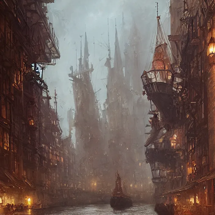 Image similar to steampunk gdansk, by wlop, by greg rutkowski, by santiago calatrava