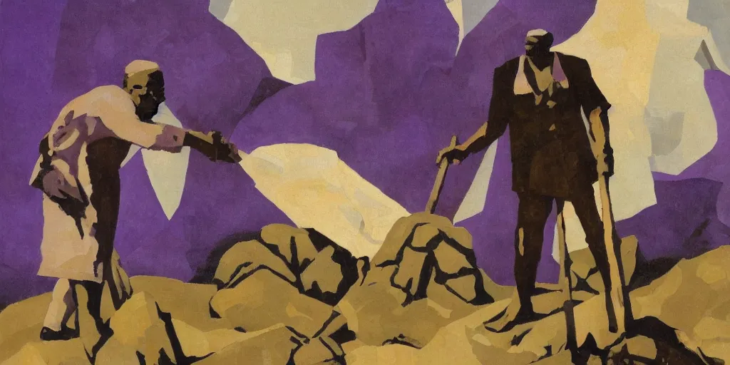 Image similar to old black man holding pick axe in hand, shades of purple, oil painting by aaron douglas,