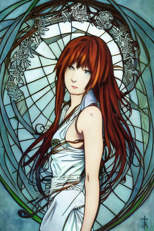 Prompt: Tonemapping Kurisu Makise in the style of Ayami Kojima and Alphonse Mucha