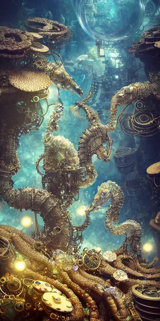 Image similar to mythical dreamy organic translucent bio-mechanical overpopulated underwater sci-fi steampunk city with seahorses, highly detailed, intricate crystal jelly steampunk ornate, poetic, 3D render, digital art, octane render, 8K artistic photography, photo-realistic, by Dora Maar