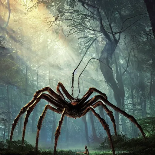 Prompt: an ugly giant spider, beautiful, realistic, 8 legs, atmosphere, vibe, forest, giant webs, ferns, bones, concept art illustration, color page, tone mapping, akihiko yoshida, james jean, andrei riabovitchev, marc simonetti, digital illustration, greg rutowski, volumetric lighting, sunbeams, particles