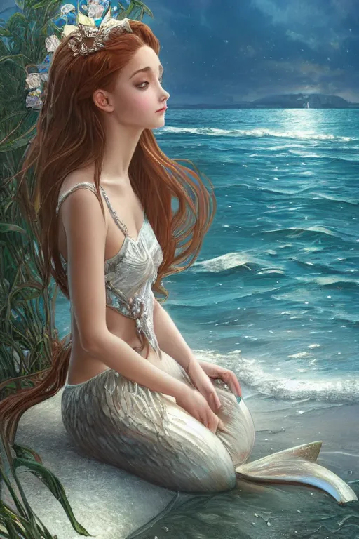 Prompt: beautiful cottagecore Ariana Grande, mermaid kingdom, beautiful Hair, magical beach, intricate, elegant, highly detailed, digital painting, artstation, concept art, smooth, sharp, focus, illustration, art by artgerm and greg rutkowski and alphonse mucha