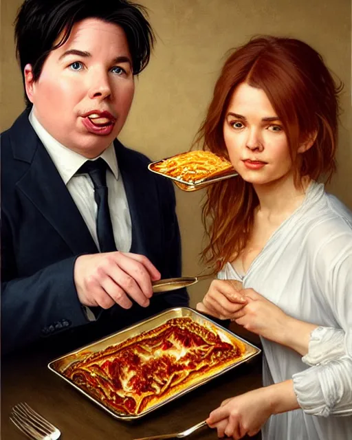 Image similar to Portrait of Michael Mcintyre & a blonde lady eating lasagna on r das flores in Porto,real life skin, intricate, elegant, highly detailed, artstation, concept art, smooth, sharp focus, art by artgerm and greg rutkowski and alphonse mucha