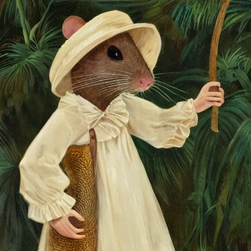 Prompt: brown rat at a tropical beach wearing edwardian style dress