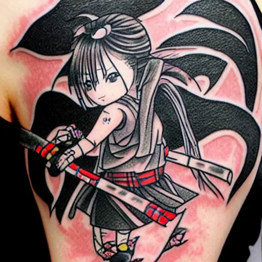 Image similar to japanese female samurai anime ninja schoolgirl, chibi, tattoo on upper arm