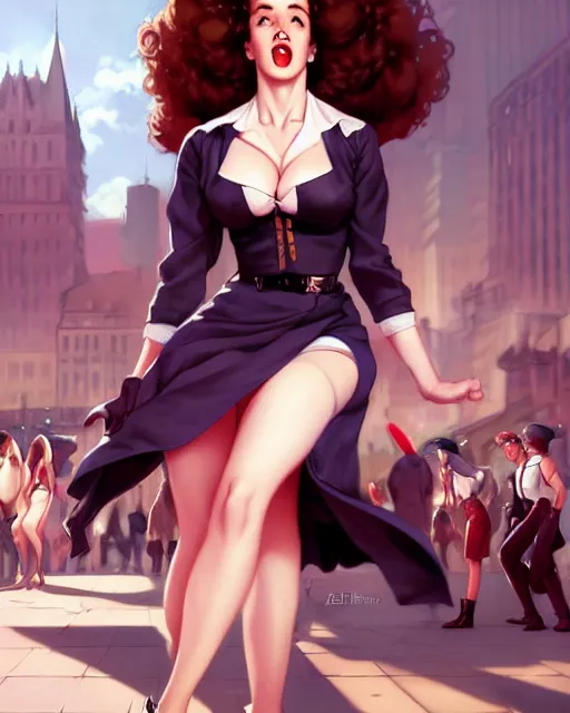 Prompt: pinup photo of hermione jean granger in the crowded square of the city, by greg rutkowski, artgerm, gil elvgren, enoch bolles, glossy skin, pearlescent, anime, very coherent, sao style anime, flat