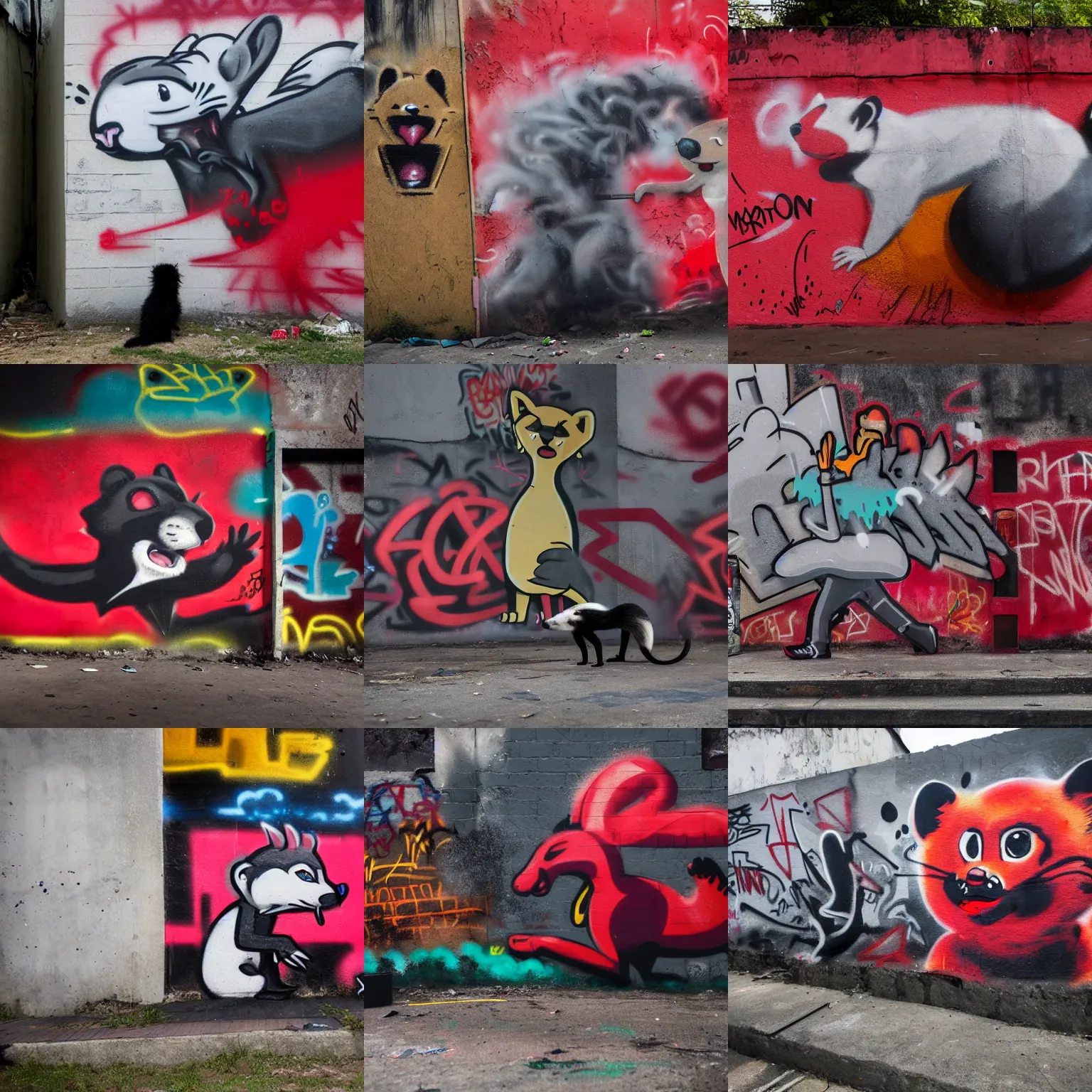 Prompt: photo ( far _ shot ), subject [ furry _ fandom _ fursona ( red - black, anthropomorphic, weasel - ferret - stoat ) ], background ( smoke, concrete ), medium [ graffiti ( spray _ paint ) ], location ( favela _ wall )