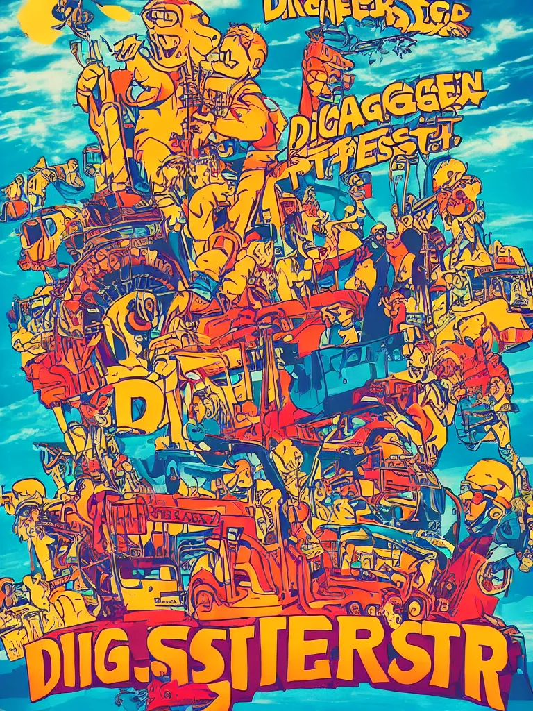 Image similar to poster for the diggerfest festival, digger land amusement park, concert, couple dancing, really good vibes, creative, 1 9 9 0 s, aesthetic