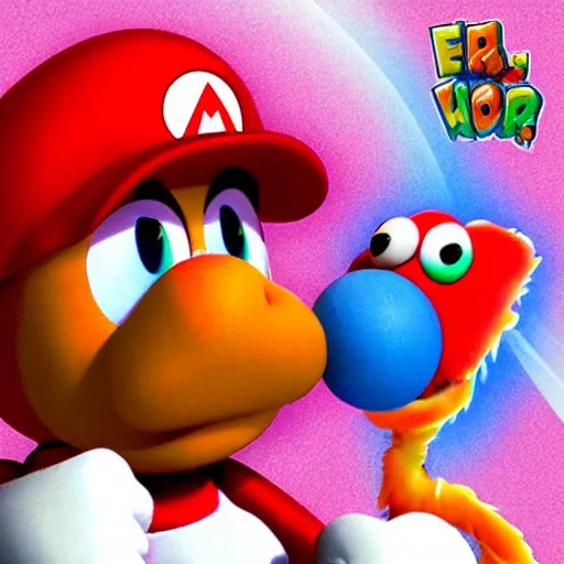 Prompt: elmo and mario adventure together