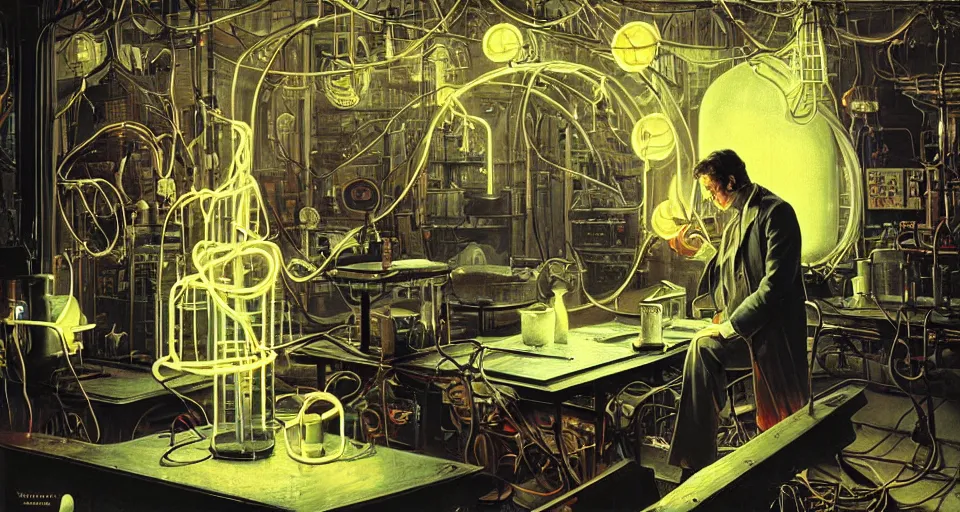 Prompt: nikolai tesla in his lab, electrical arcs, magical sparks, large glowing light bulbs, neon glow, highly detailed, digital art, intricate, dramatic lighting, retro futuristic, neon colors, cinematic, art by norman rockwell, greg rutkowski, james gurney, giger
