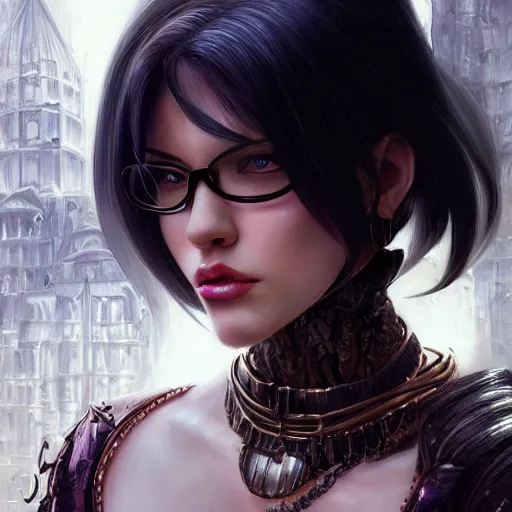 Prompt: a portrait a young asia argento as bayonetta, urban motifs, intricate, elegant, highly detailed, digital painting, trending on artstation, concept art, smooth sharp focus, illustration, art by artgerm and greg rutkowski