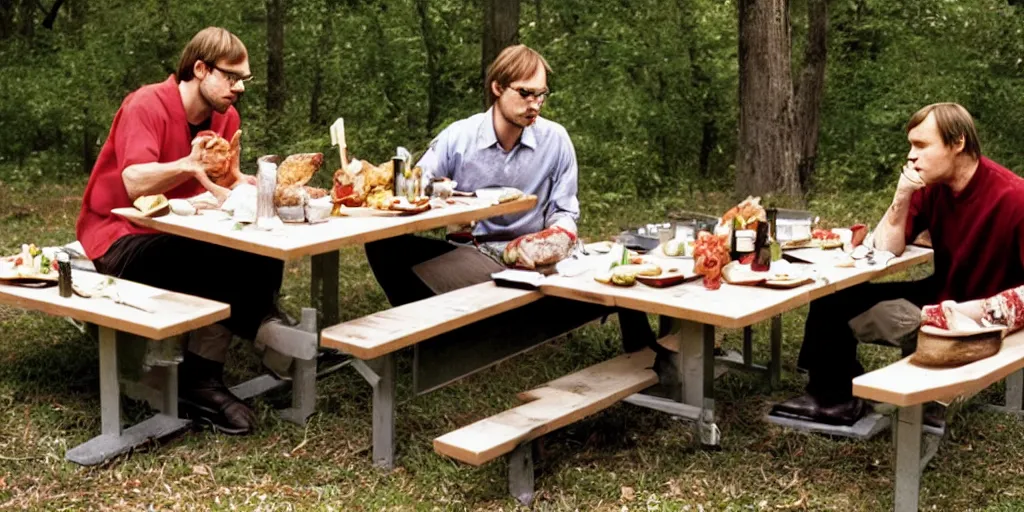 Prompt: photo of jeffrey dahmer and hannibal lecter eating lunch at a picnic table, highly detailed, 4 k