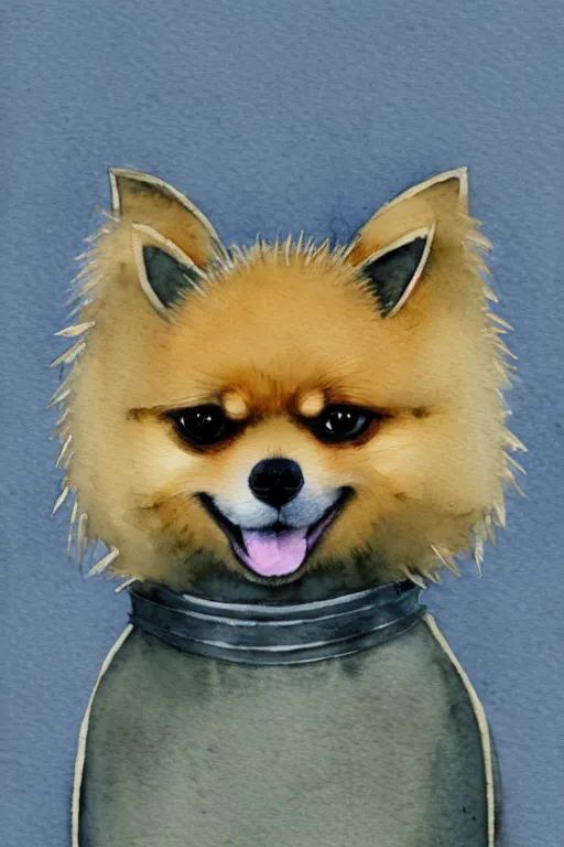 Image similar to a simple and atmospheric watercolour fantasy character concept art portrait of a robotic pomeranian as a druidic warrior wizard looking at the camera with an intelligent gaze, very muted colors, by studio ghibli