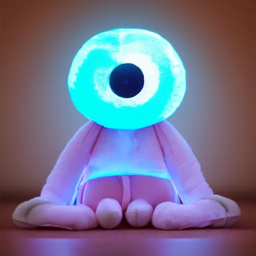 Prompt: cute fumo plush girl who has bioluminescent eyes, jelly glow, emissive bssrdf, pitch black, vray