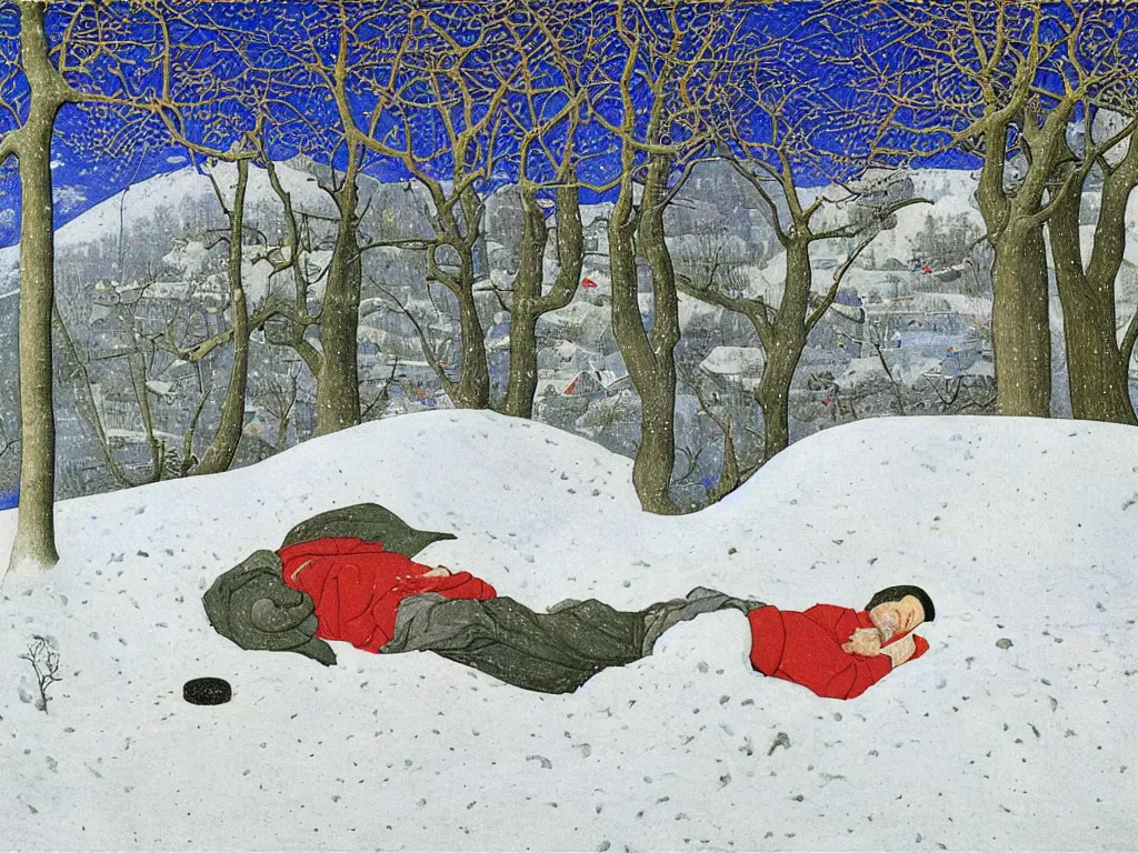 Prompt: portrait of a man sleeping in the snow. painting by limbourg brothers