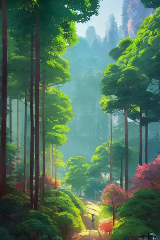 Prompt: avenida paulista in a colorful moutain with beautiful trees, morning, by studio ghibli painting, superior quality, masterpiece, traditional Japanese colors, by Grzegorz Rutkowski, concept art