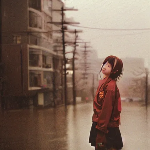 Image similar to 1990s perfect 8K HD professional cinematic photo of close-up japanese schoolgirl posing in postapocalyptic cityscape, at evening during rain, at instagram, Behance, Adobe Lightroom, with instagram filters, depth of field, taken with polaroid kodak portra