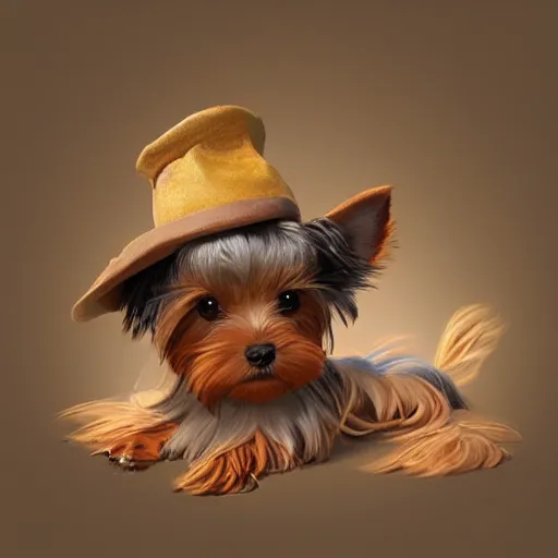 Prompt: The cutest yorkshire terrier wearing a fedora hat, concept art by Justin Gerard, trending on artstation