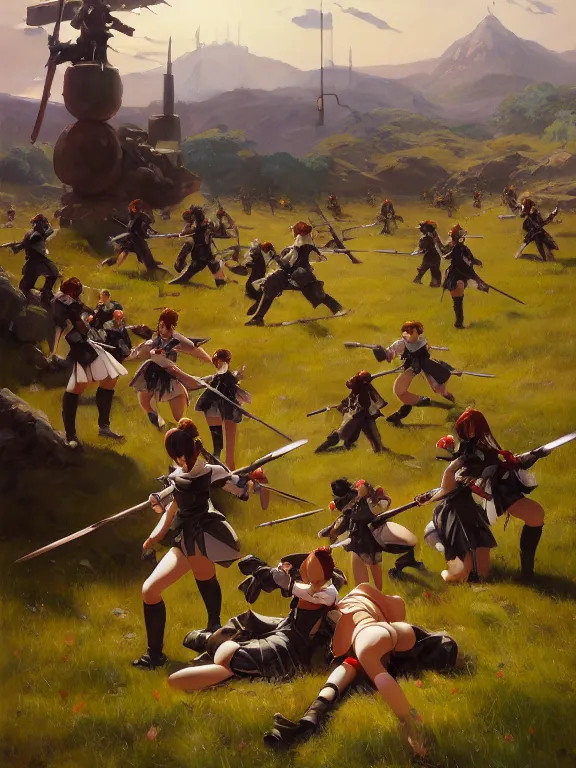 Prompt: classical oil painting of anime key visual environment concept art of the great anime maid war in a battlefield, anime maid soldiers, magical girls, trending on artstation, brush strokes, oil, canvas, style of kawacy makoto shinkai jamie wyeth james gilleard edward hopper greg rutkowski, preserved historical