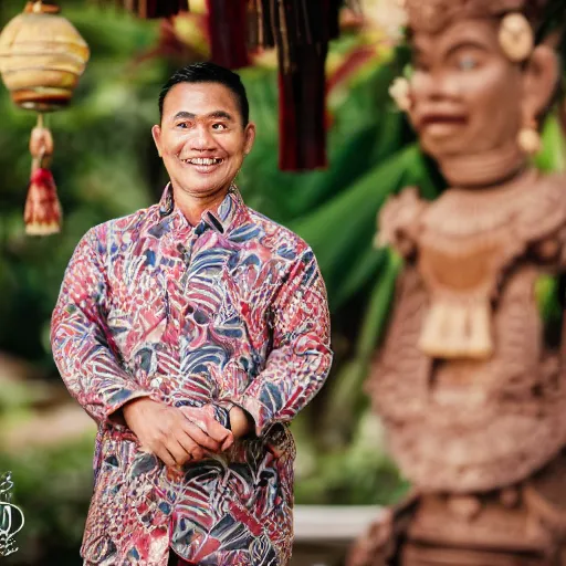 Image similar to A Photo Portrait of Joe Wearing Indonesian Batik Tulis at a fancy Balinese restaurant, award winning photography, sigma 85mm Lens F/1.4, blurred background, perfect faces