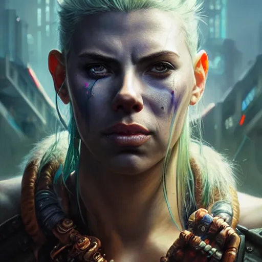 Image similar to portrait painting of a cyberpunk orc shaman extremely muscular ugly scarlett johansson with misshapen teeth, ultra realistic, concept art, intricate details, eerie, highly detailed, photorealistic, octane render, 8 k, unreal engine. art by artgerm and greg rutkowski and charlie bowater and magali villeneuve and alphonse mucha