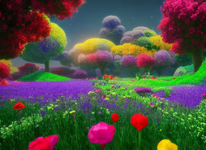 Prompt: flowerfield on a luminescent crystal biome that looks like a movie shot by pixar, ultra detailed, fantasy, hyper realism, art, smooth, beautiful art, masterpiece, landscape, cinematic, wet reflections, ray tracing x, rtx, smooth