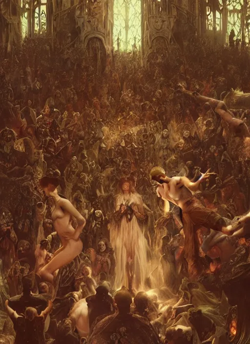 Image similar to hyperdetailed demonic crowd inside huge covens den, intricate wiccan scene detailing, photorealistic hell, art by john collier, albert aublet, krenz cushart, artem demura, alphonse mucha, diffuse lighting, artstation, smooth, textless, sharp focus,