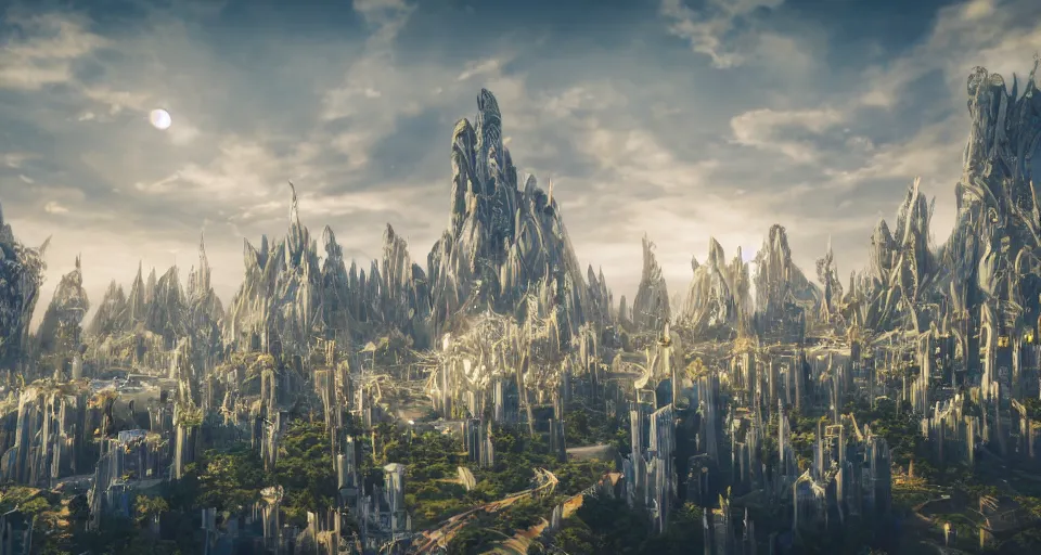 Prompt: majestic futuristic elf city made of white stone and decorated with gold, a lot of plants and trees, futuristic vehicles flying around, epic buildings in the center, light clouds, cinematic sky, sunrise, 8 k, unreal engine 5, sharp