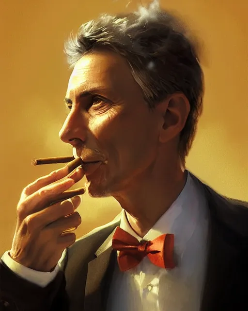 Image similar to Mauricio Macri smoking a cigar volumetric lighting, back lighting, rimlight, dramatic lighting, digital painting, highly detailed, artstation, sharp focus, illustration, Artgerm, Jean-Léon Gérôme , ruan jia