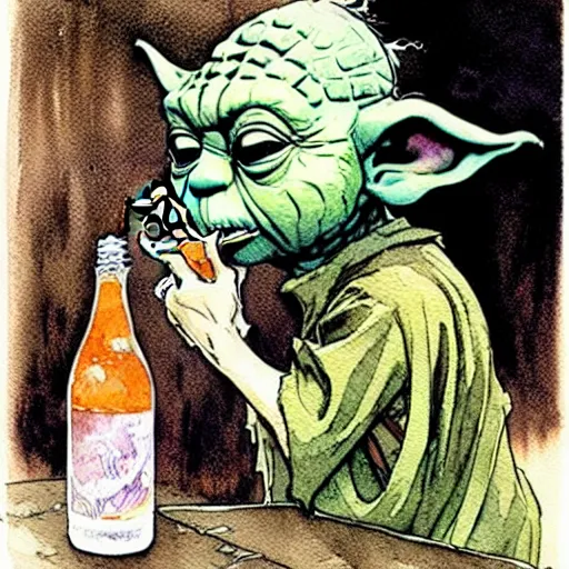 Image similar to a realistic and atmospheric watercolour fantasy character concept art portrait of a sleazy homeless chibi yoda wearing a wife beater drinking out of a broken bottle, by rebecca guay, michael kaluta, charles vess and jean moebius giraud