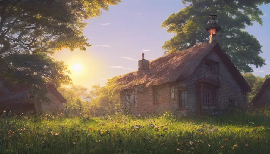 Prompt: A highly detailed matte painting of cottage in grasslands, sunny day, by Studio Ghibli, Makoto Shinkai, by Artgerm, by beeple, by Greg Rutkowski, volumetric lighting, octane render, 4K resolution, trending on artstation, masterpiece