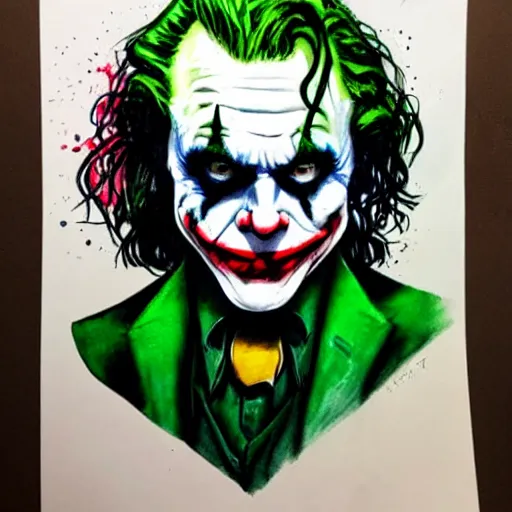 Image similar to the joker watercolor drawing, in the style of greg rutowski, hyper detailed