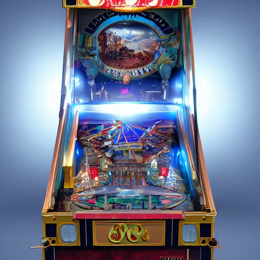 Image similar to a baroque pinball machine, realistic, artstation, mate painting, cinematic lighting