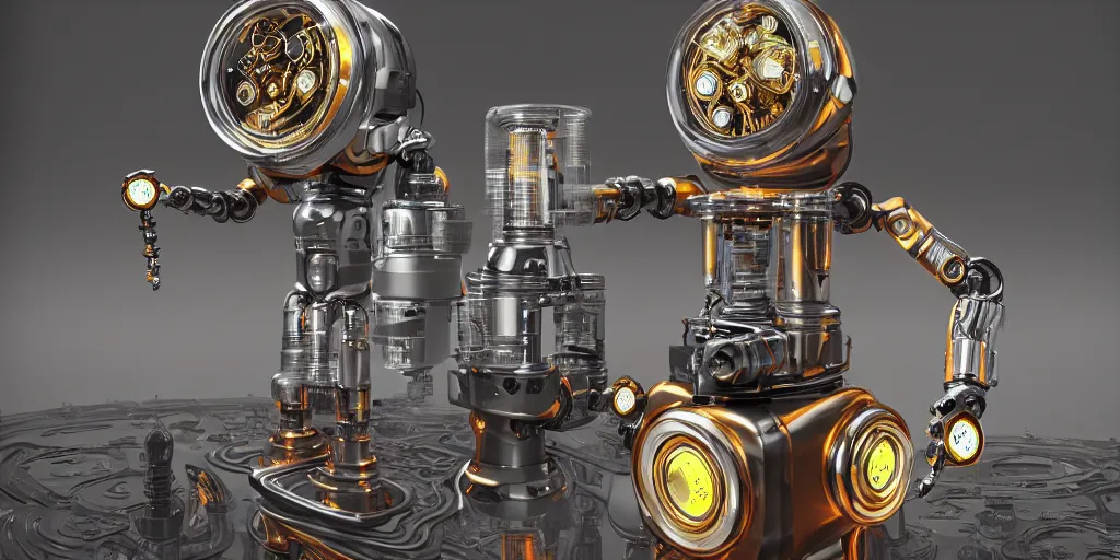 Prompt: nixie tube robot with robot legs, ornate, hyper realism, reflections, intricate, realistic, digital art, detailed, studio shot, unreal engine 5, octane, high definition, artstation, concept art, behance