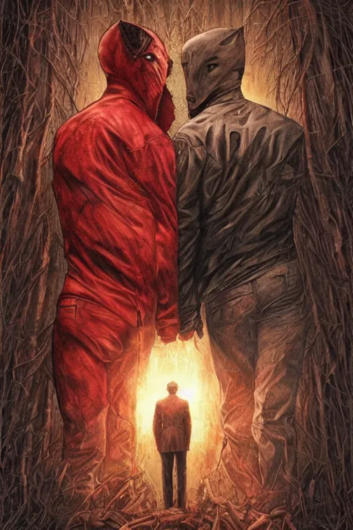 Prompt: red hood. art by tomasz alen kopera and glenn fabry in the style of true detective.