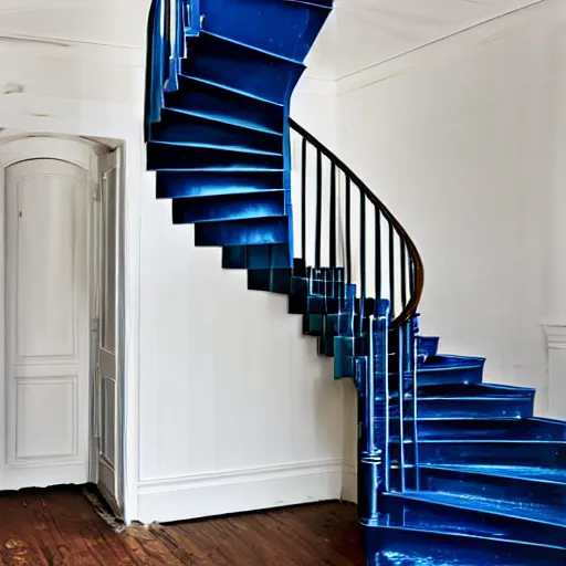 Image similar to An endless dark-blue spiral staircase in a Victorian home. Illustration