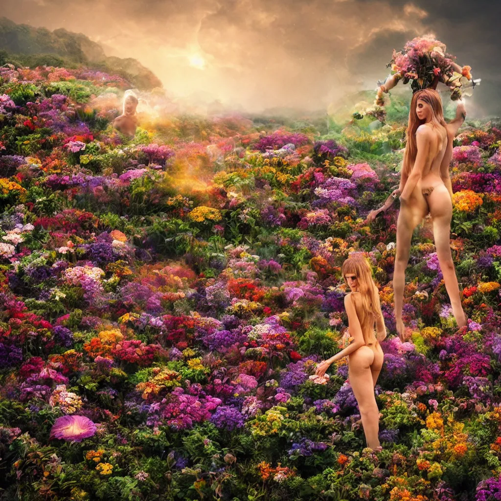 Image similar to a planet of various flowers, fungus and plants, in which the human figure is dressed in something magical and impressive, inside the picture is infinity, sunset light, Atmospheric phenomenon, artistic photography, muted colors, conceptual, long exposure outside the city