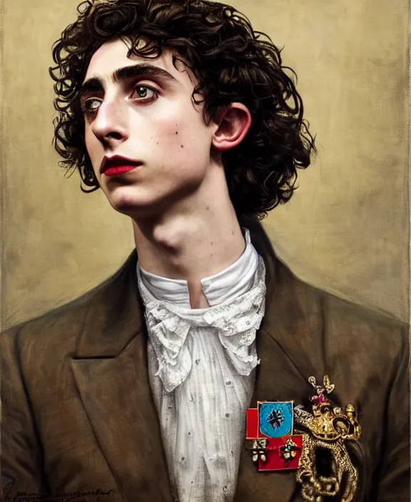 Image similar to portrait of timothee chalamet as her majesty the queen of england, art by! dream portrait of idris elba as a kansas farmer, art by william hogarth and tom bagshaw and alfred sisley, hyperrealism