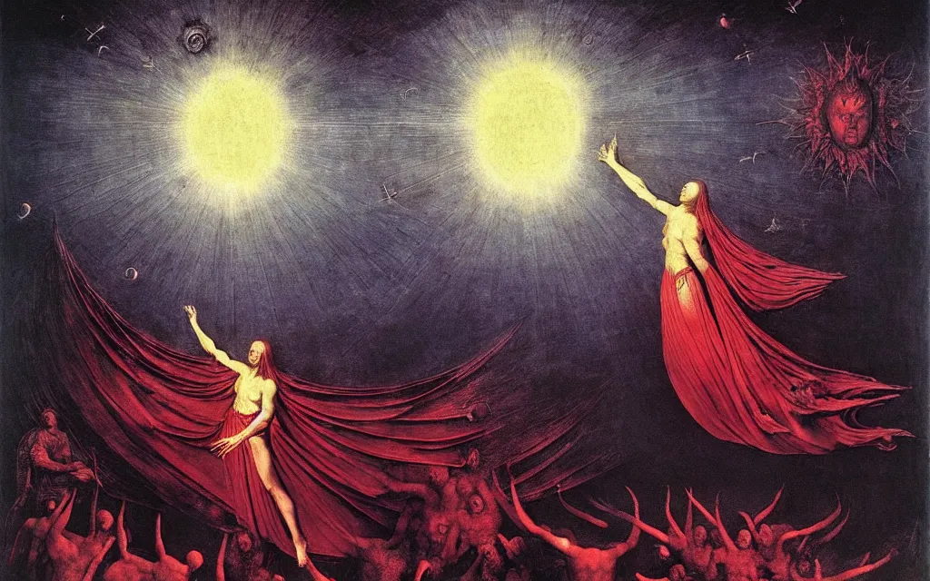 Prompt: ascension of the scarlet woman by caravaggio adolf wolfli beksinski jan van eyck william blake, ascension to heaven, damned souls, golden sun, sky with stars, ecstatic visions, religious ritual, epiphany, conical red hood