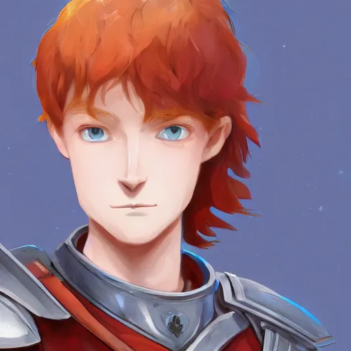 Image similar to portrait of a young redheaded boy with blue eyes and wearing armor, medieval background, highly detailed, digital painting, artstation, matte, by makoto shinkai, animation style, studio ghibli, anime key visual